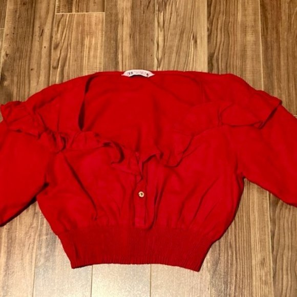 ZARA Red Ruffle Crop Top - Picture 2 of 6